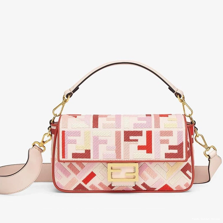 Cheap In Baguette Canvas Pink Bag FF Fendi Red Medium Motif 0824